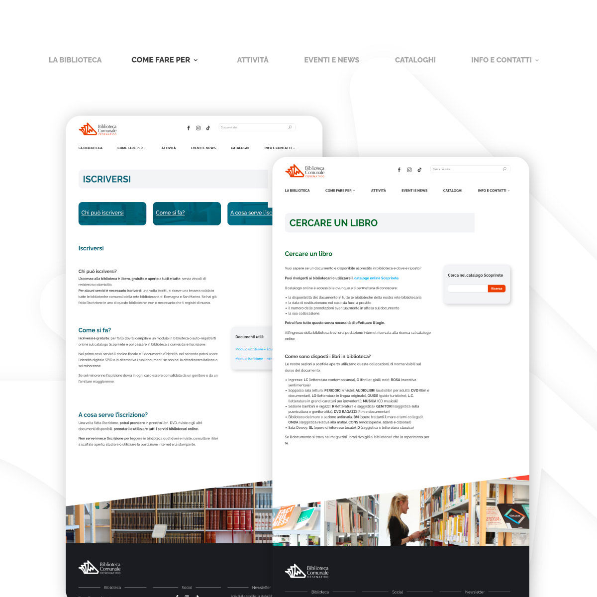 Screenshot del sito web della Biblioteca Comunale di Cesenatico, sezione 'Come fare per', con pagine dedicate a iscriversi alla biblioteca e cercare un libro nel catalogo.