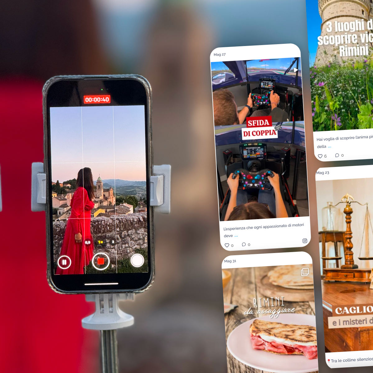 Primo piano di uno smartphone montato su un supporto che riprende una donna in abito rosso di spalle, con un paesaggio collinare e una chiesa sullo sfondo. Accanto, una serie di schermate verticali di post social che mostrano attività esperienziali, come simulazioni di guida, cibo locale e destinazioni turistiche vicino a Rimini.