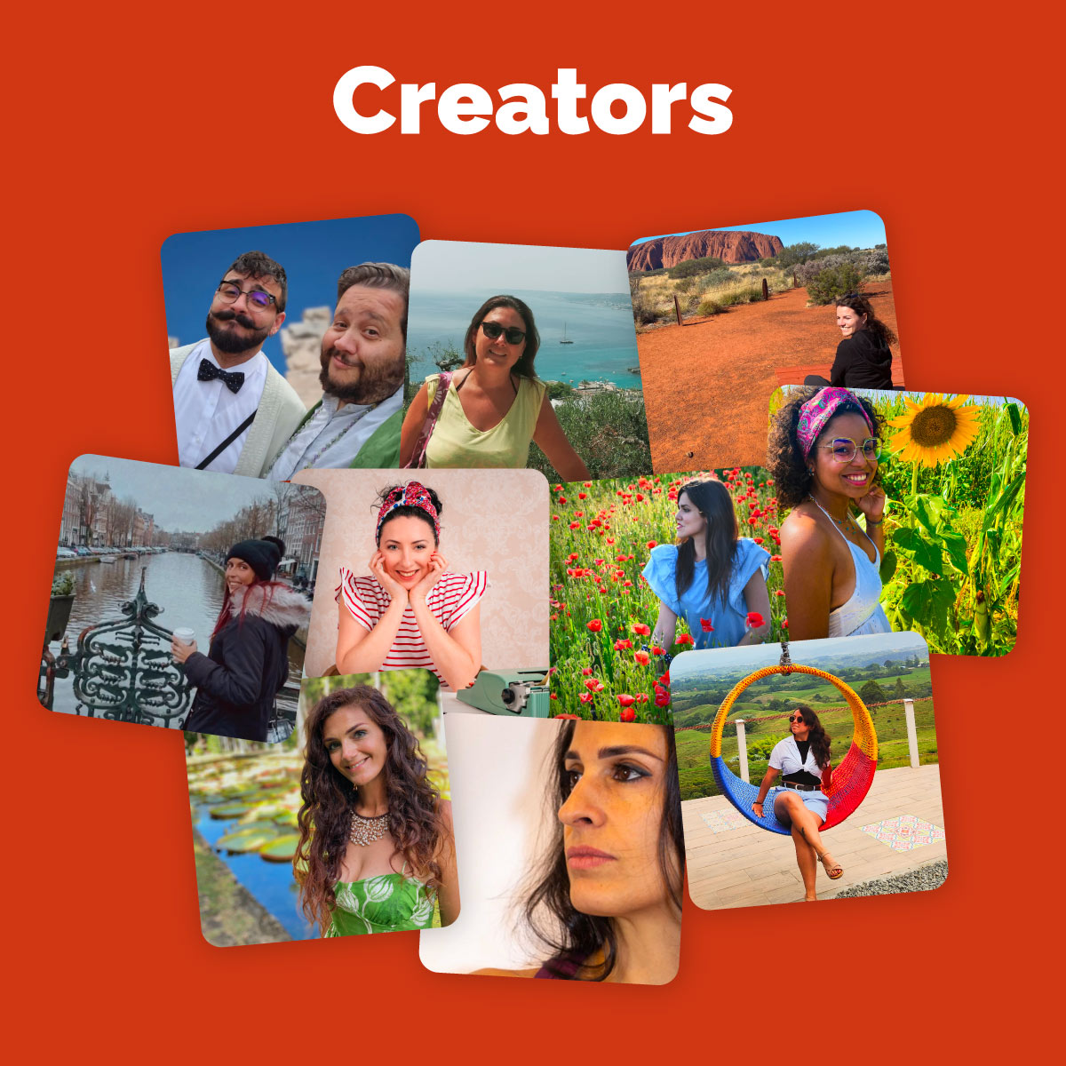 Collage di dieci ritratti di creatori di contenuti in ambientazioni all’aperto e colorate, tra paesaggi naturali, città e interni decorati. Le persone sorridono e mostrano espressioni amichevoli e solari, trasmettendo positività e creatività.