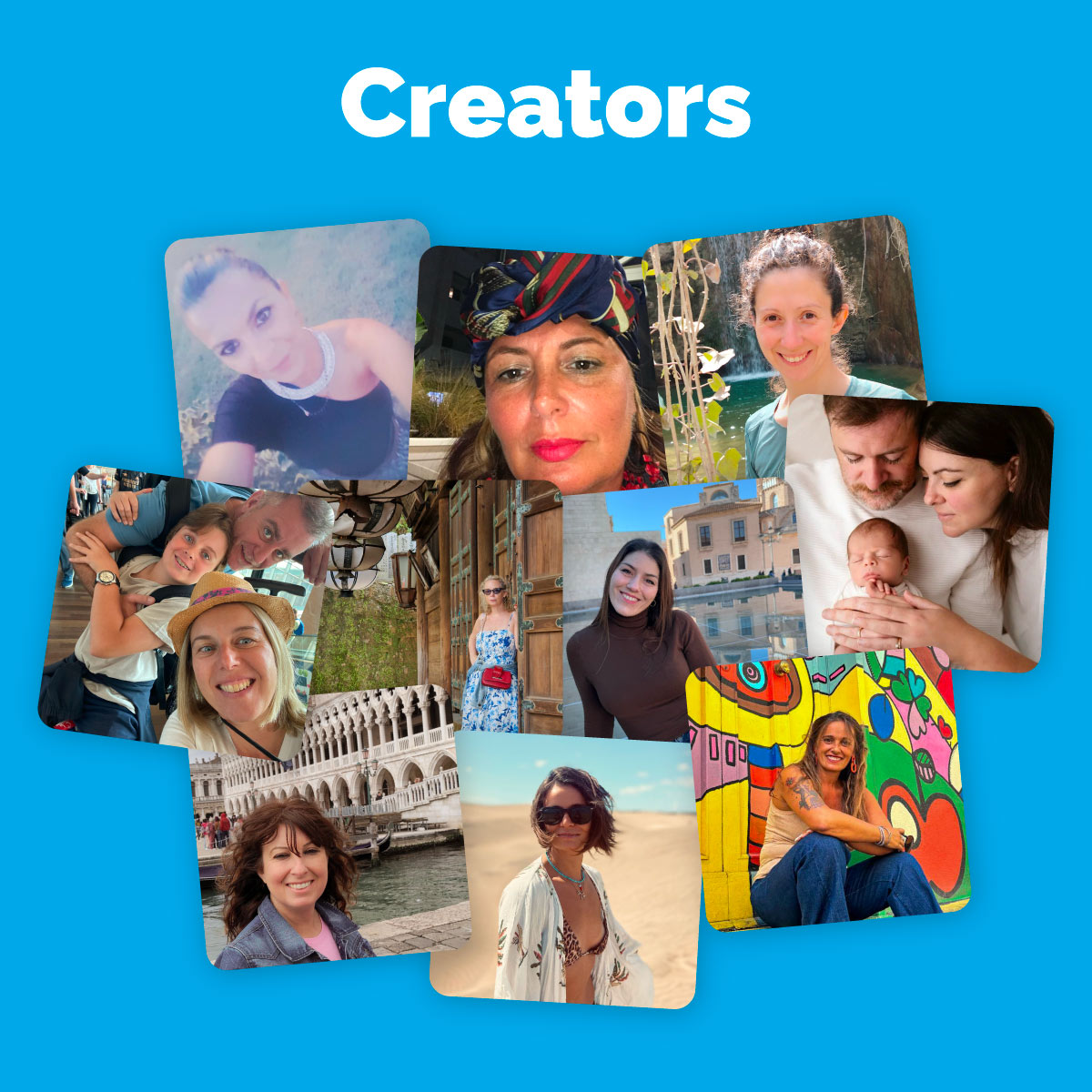 Composizione fotografica con dieci immagini di content creators in vari contesti: da spiagge a centri storici, da foto di famiglia a ritratti individuali. Le espressioni sono spontanee e familiari, con uno stile accogliente e autentico.
