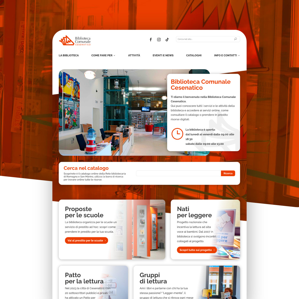 Vista completa della homepage del sito della Biblioteca Comunale di Cesenatico con sezioni dedicate a progetti per le scuole, promozione della lettura e gruppi di lettura.