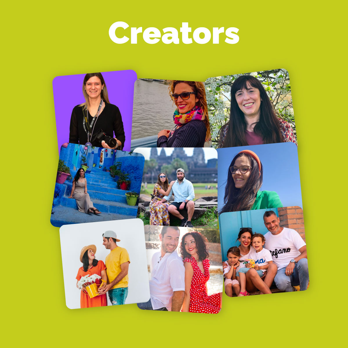 Composizione fotografica con nove immagini di content creators in vari contesti.