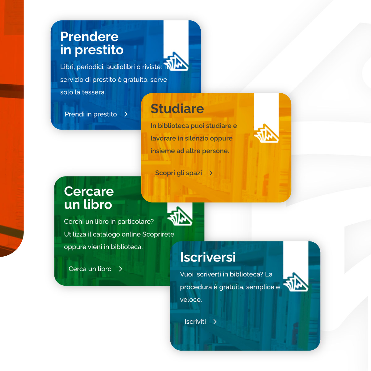 Box informativi colorati del sito della Biblioteca Comunale di Cesenatico che illustrano i principali servizi: prestito, studio, ricerca libri e iscrizione.