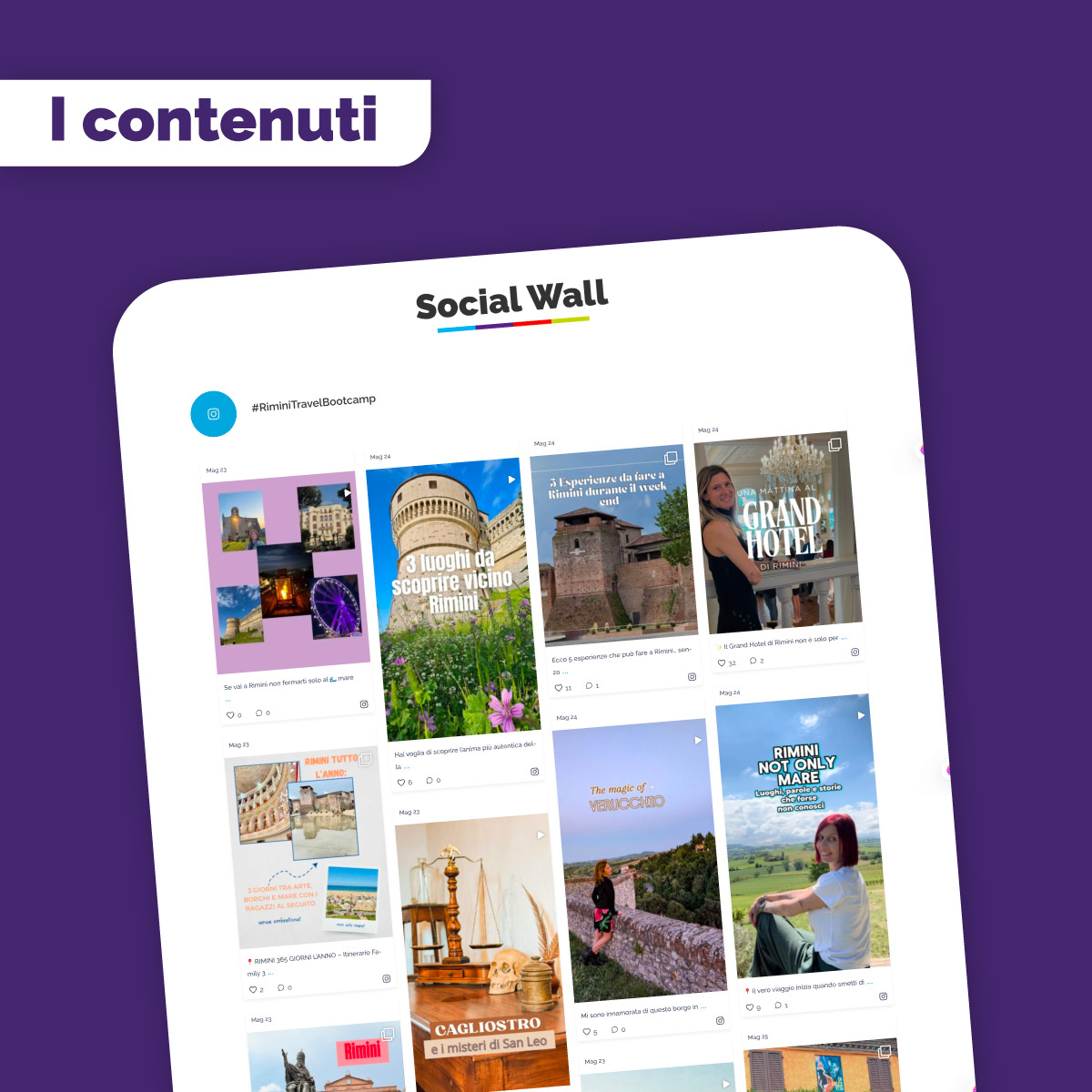Visualizzazione completa della landing page scrollata in verticale, con sezioni colorate che illustrano i momenti salienti, partner, contenuti social e call-to-action finale.