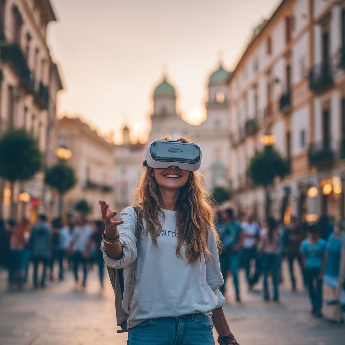 Giovane donna con visore di realtà virtuale sorride e allunga una mano mentre cammina in una via affollata di città al tramonto
