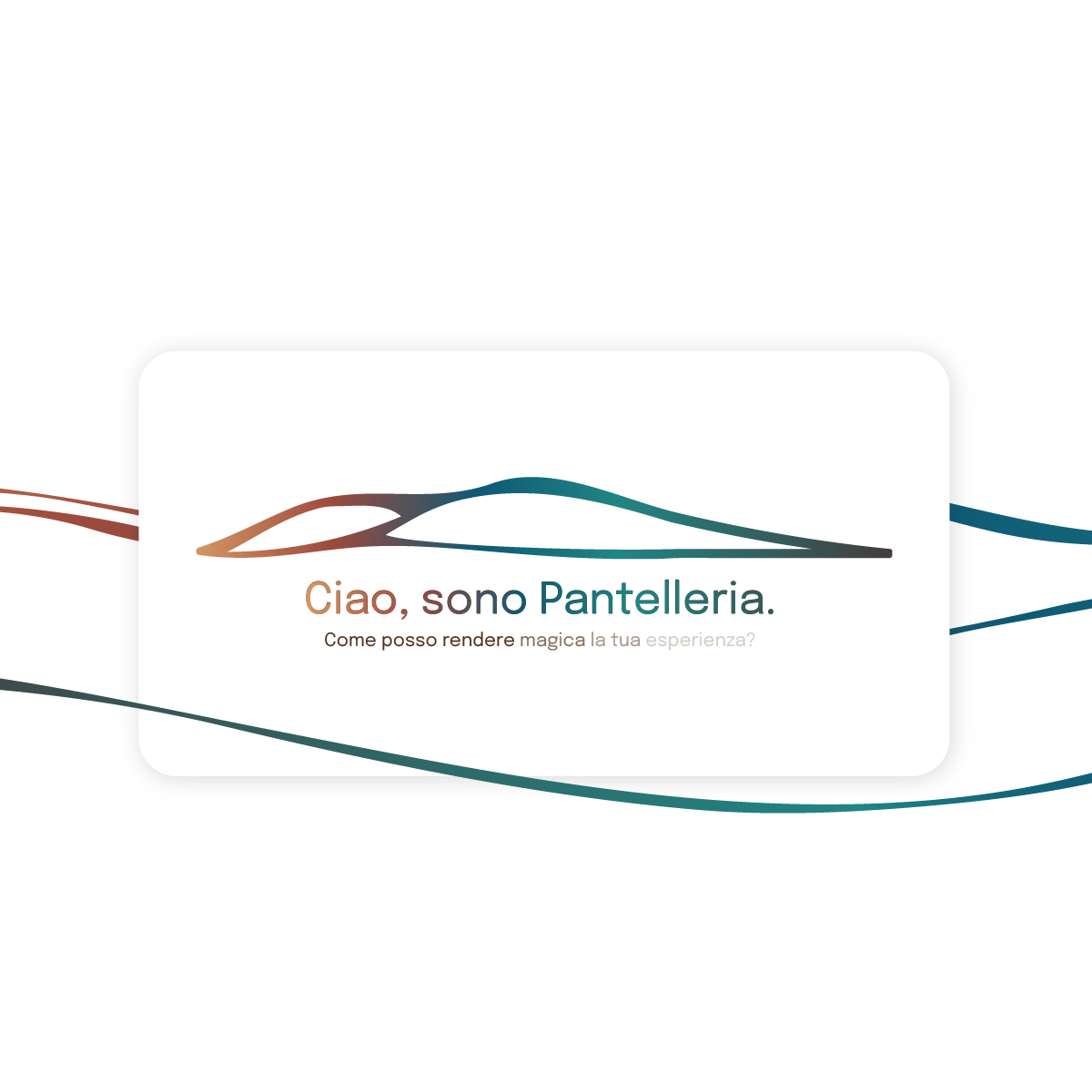 1 “Grafica istituzionale del brand Visit Pantelleria Island con logo e scritta ‘Ciao, sono Pantelleria. Come posso rendere magica la tua esperienza?’. Design essenziale con onde colorate e sfumature marine.”