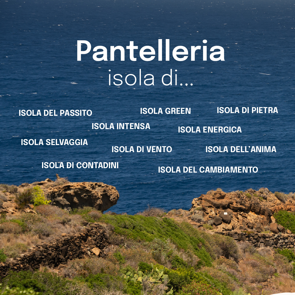 “Immagine panoramica di Pantelleria con il mare e la macchia mediterranea in primo piano. Le parole ‘Pantelleria, isola di…’ introducono i diversi valori identitari dell’isola come natura, energia e autenticità.”