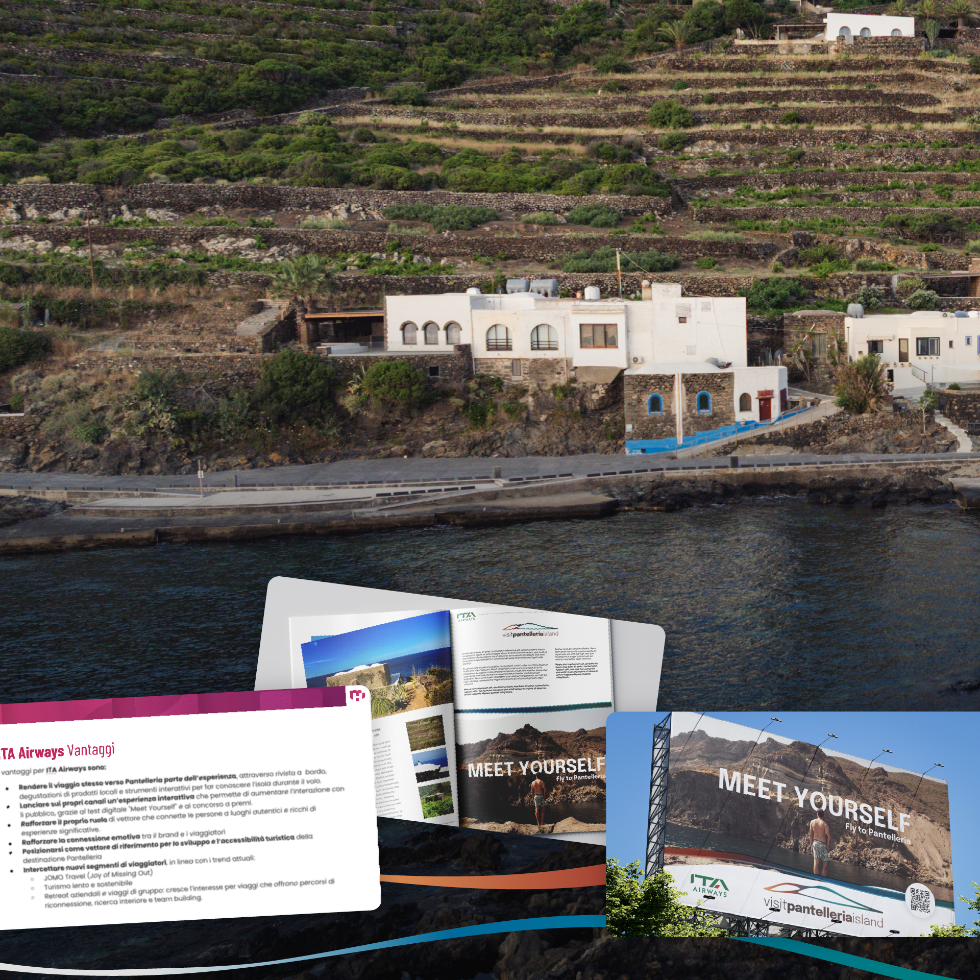 “Veduta del porto e delle case tipiche di Pantelleria con sovrapposte slide del progetto ‘Meet Yourself’, dedicate al concept creativo e alla partnership con ITA Airways per la promozione della destinazione.”