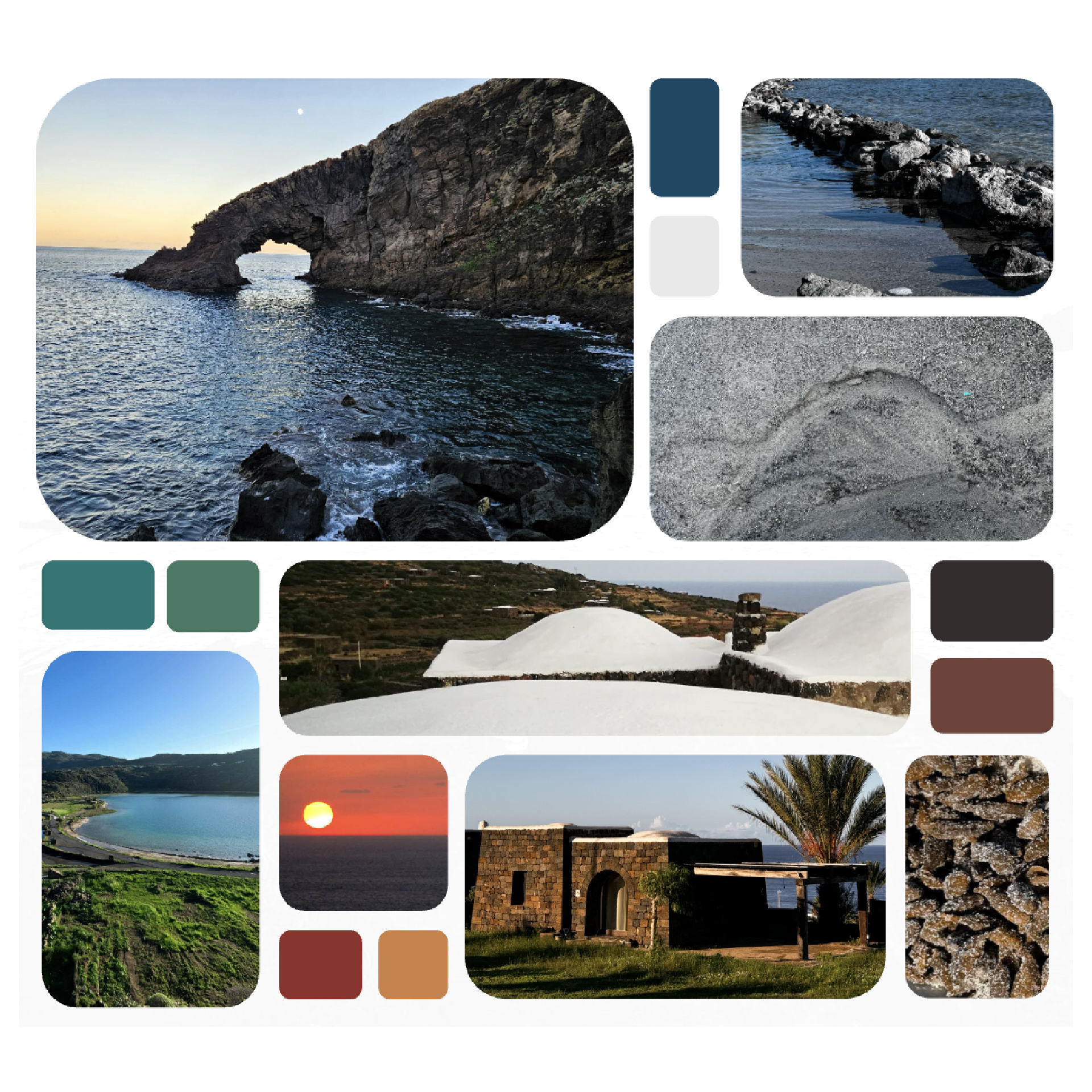 “Collage fotografico ispirato alla palette cromatica di Pantelleria: mare, pietra lavica, dammusi, tramonti e natura mediterranea. Ogni immagine evidenzia un colore caratteristico dell’isola, dal blu profondo al rosso terra.”