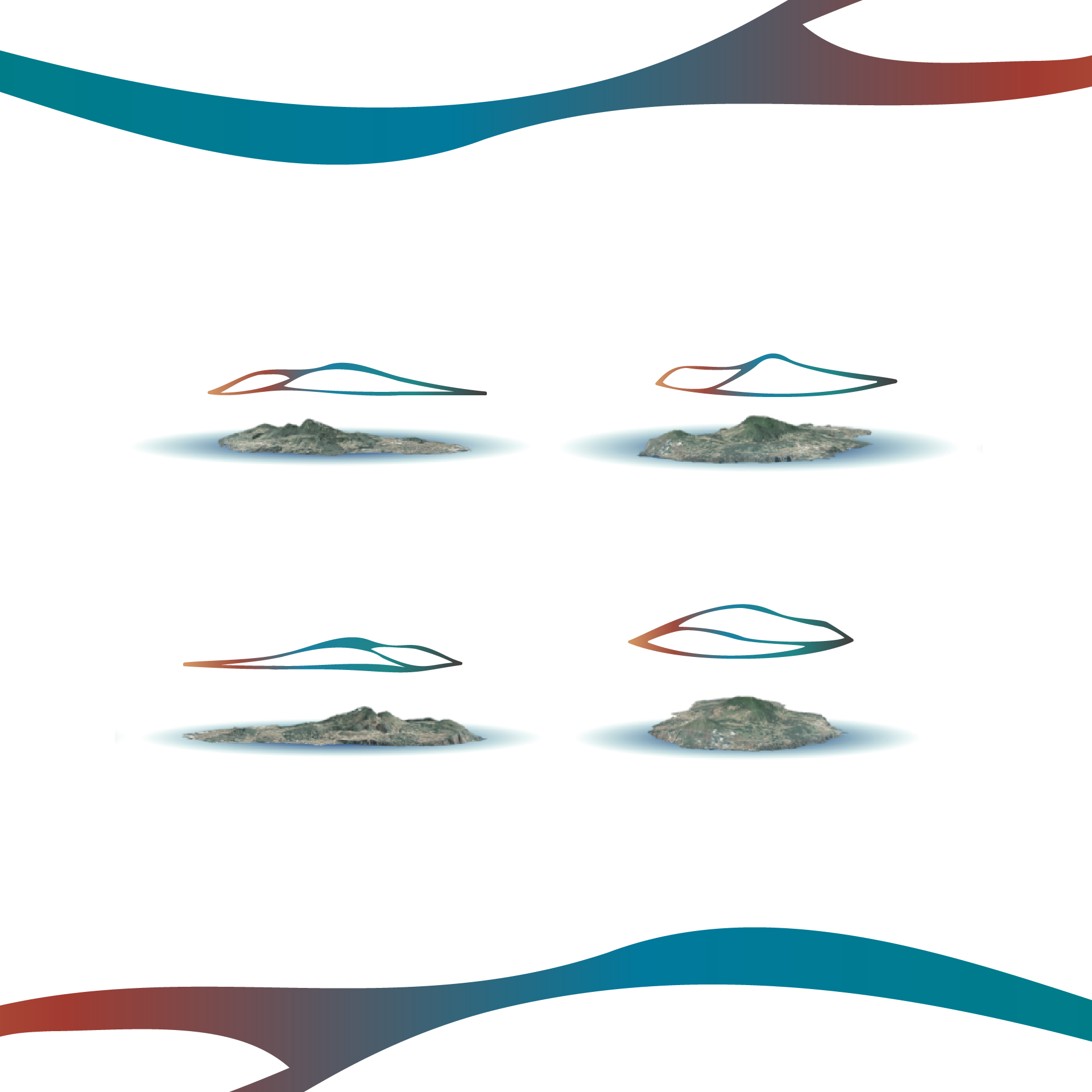 “Vista aerea dell’isola di Pantelleria mostrata da quattro prospettive diverse, incorniciata da onde grafiche nei colori istituzionali del brand Visit Pantelleria Island.”