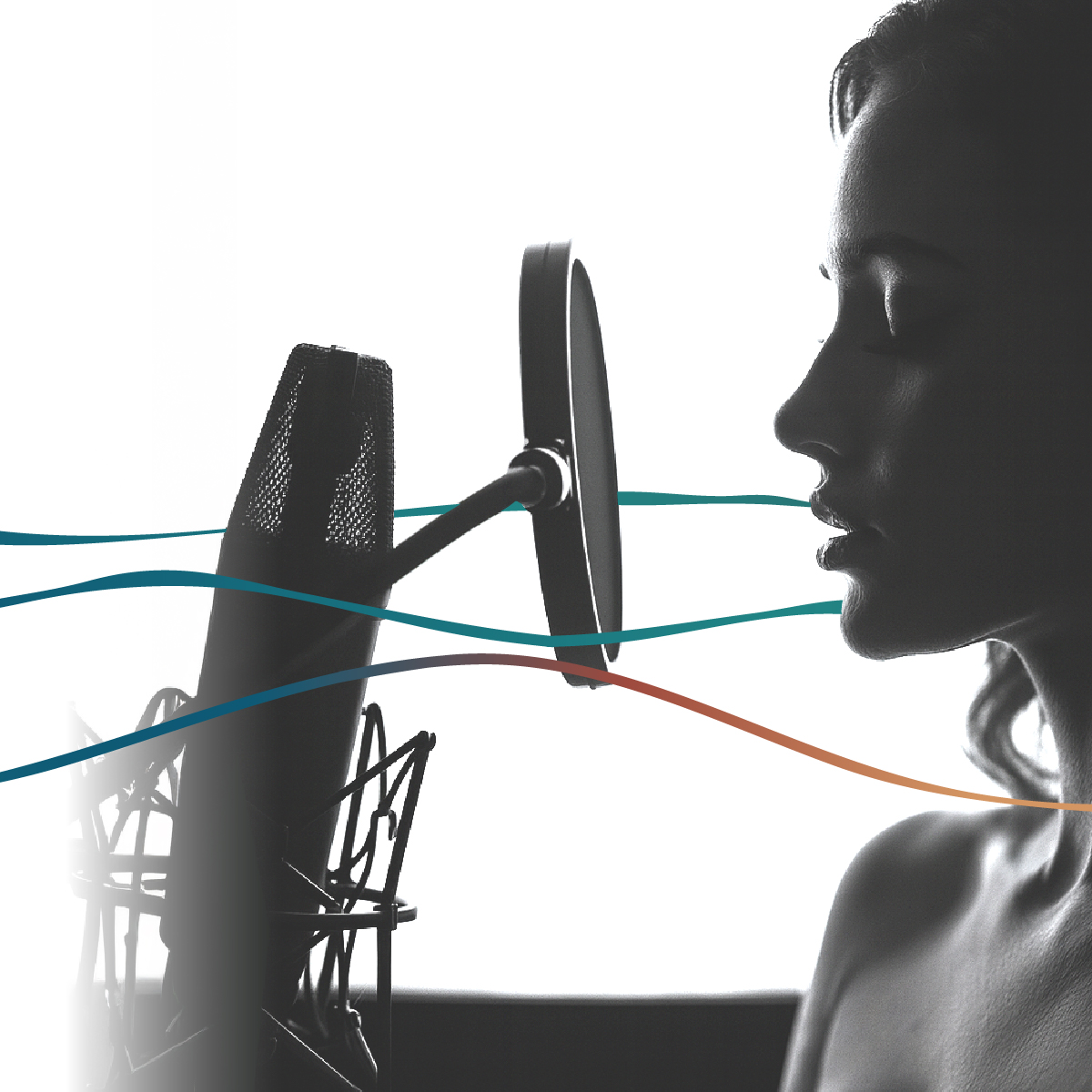 “Donna di profilo che parla davanti a un microfono da studio, con linee grafiche fluide nei colori del brand Visit Pantelleria Island. L’immagine rappresenta la voce e l’identità sonora dell’isola.”