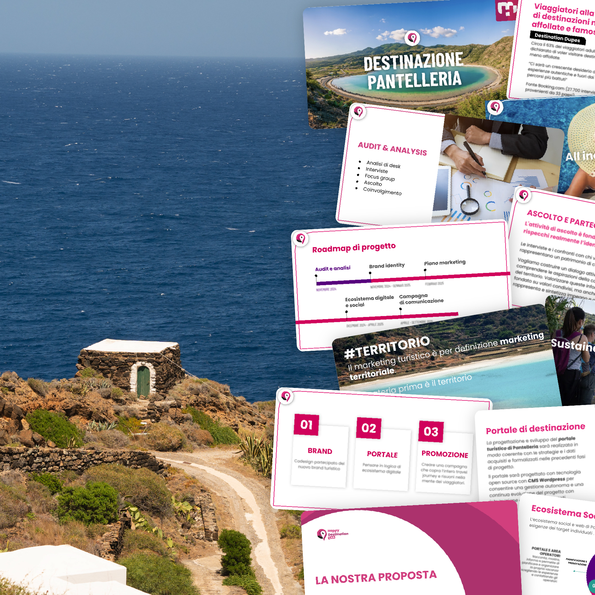 “Collage di slide del progetto ‘Destinazione Pantelleria’ con il mare dell’isola sullo sfondo. Le grafiche illustrano la roadmap di progetto, il piano marketing e le attività di analisi e comunicazione.”