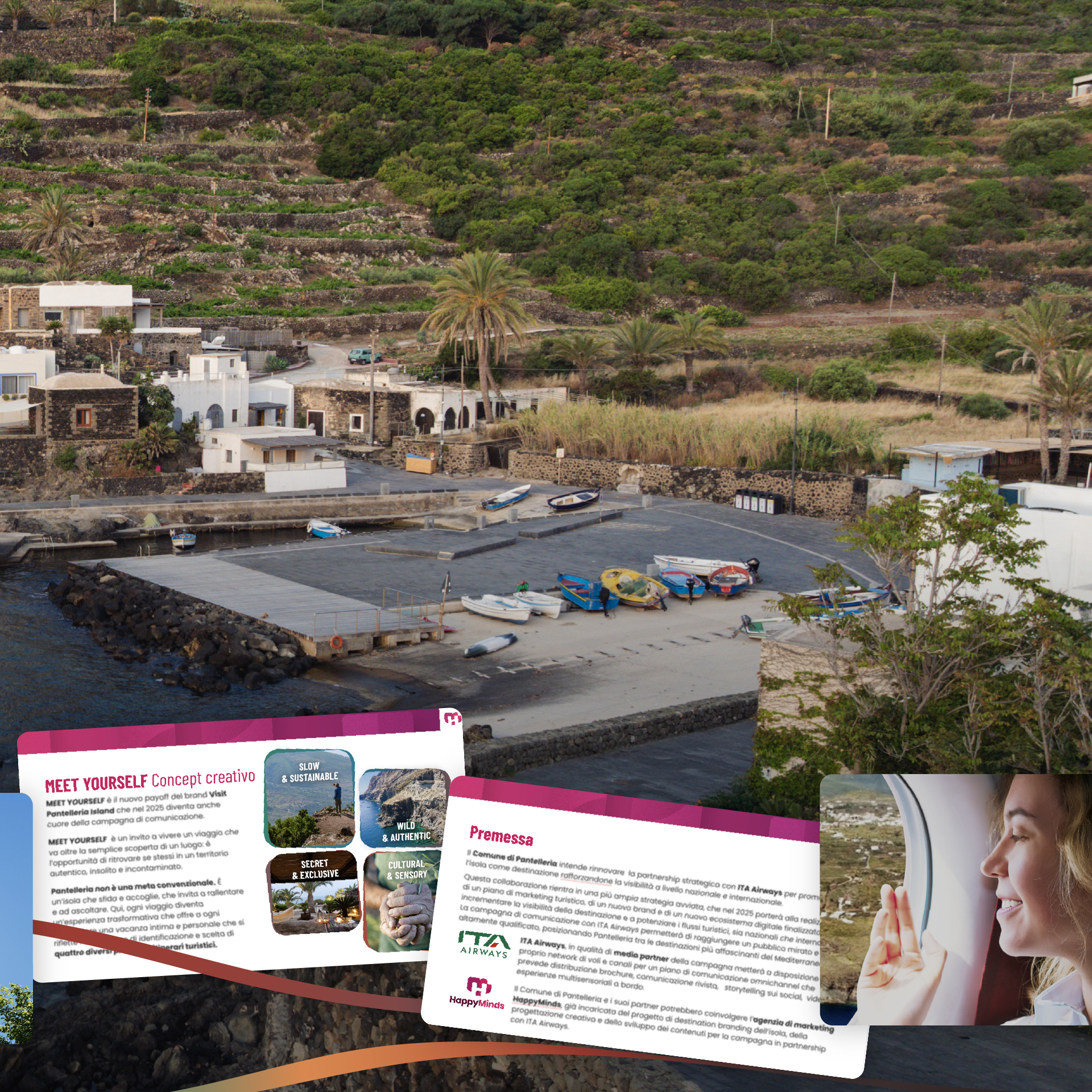 “Vista costiera di Pantelleria con grafica del progetto ‘Meet Yourself’. Le slide presentano i vantaggi della partnership tra ITA Airways e Visit Pantelleria, con immagini del piano di comunicazione e della campagna outdoor.”