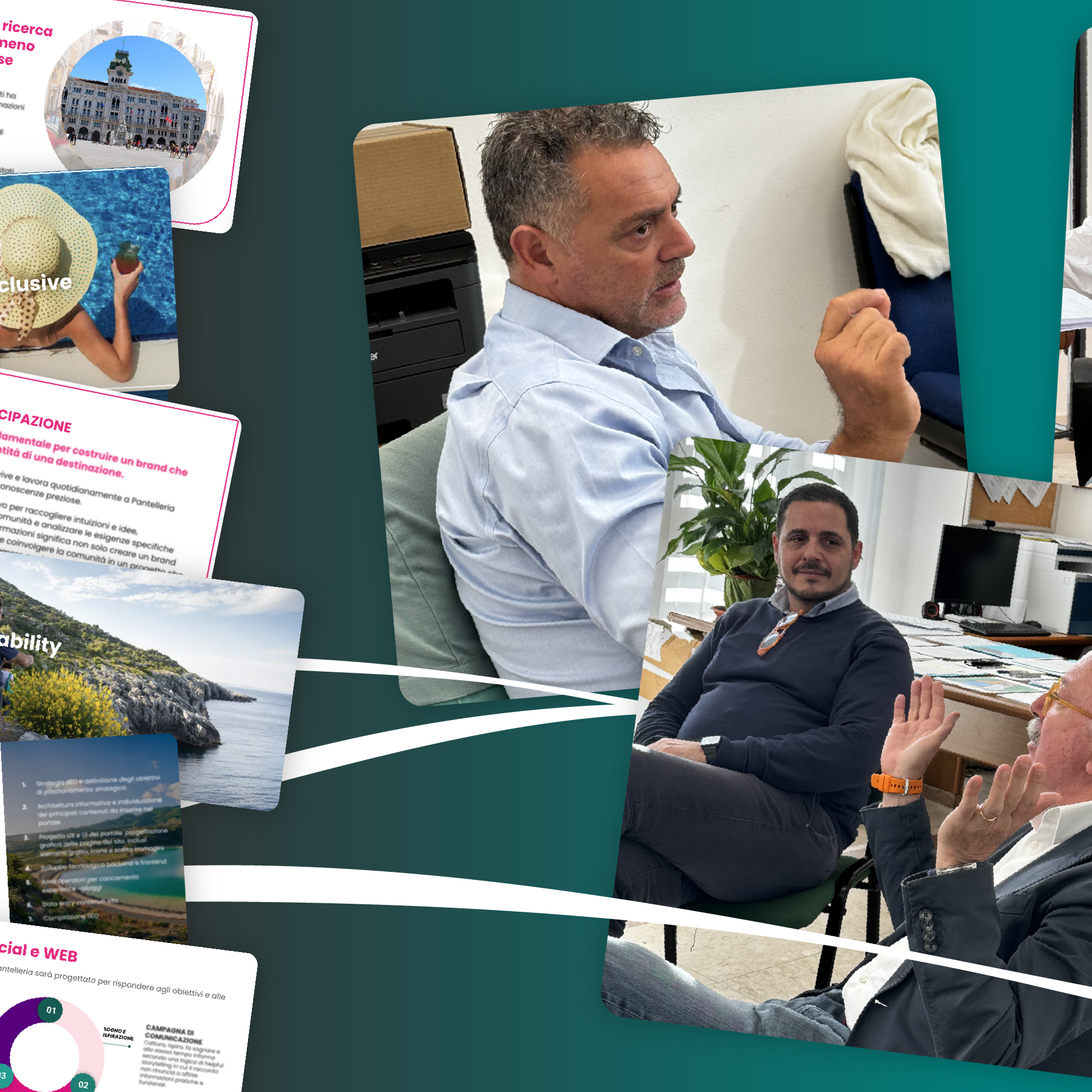 “Incontri del team Happy Minds con rappresentanti del Comune di Pantelleria. Le persone discutono e prendono appunti per la definizione del piano di marketing territoriale.”