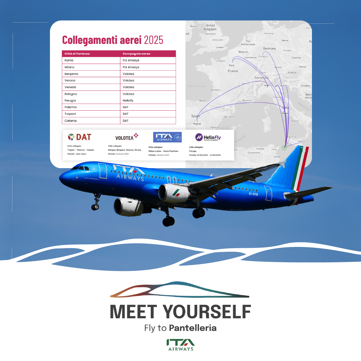 “Grafica dedicata ai collegamenti aerei per Pantelleria nel 2025, con tabella delle rotte da città italiane e mappa delle connessioni operate da ITA Airways, DAT, Volotea e HelloFly. In primo piano un aereo ITA Airways in volo.”