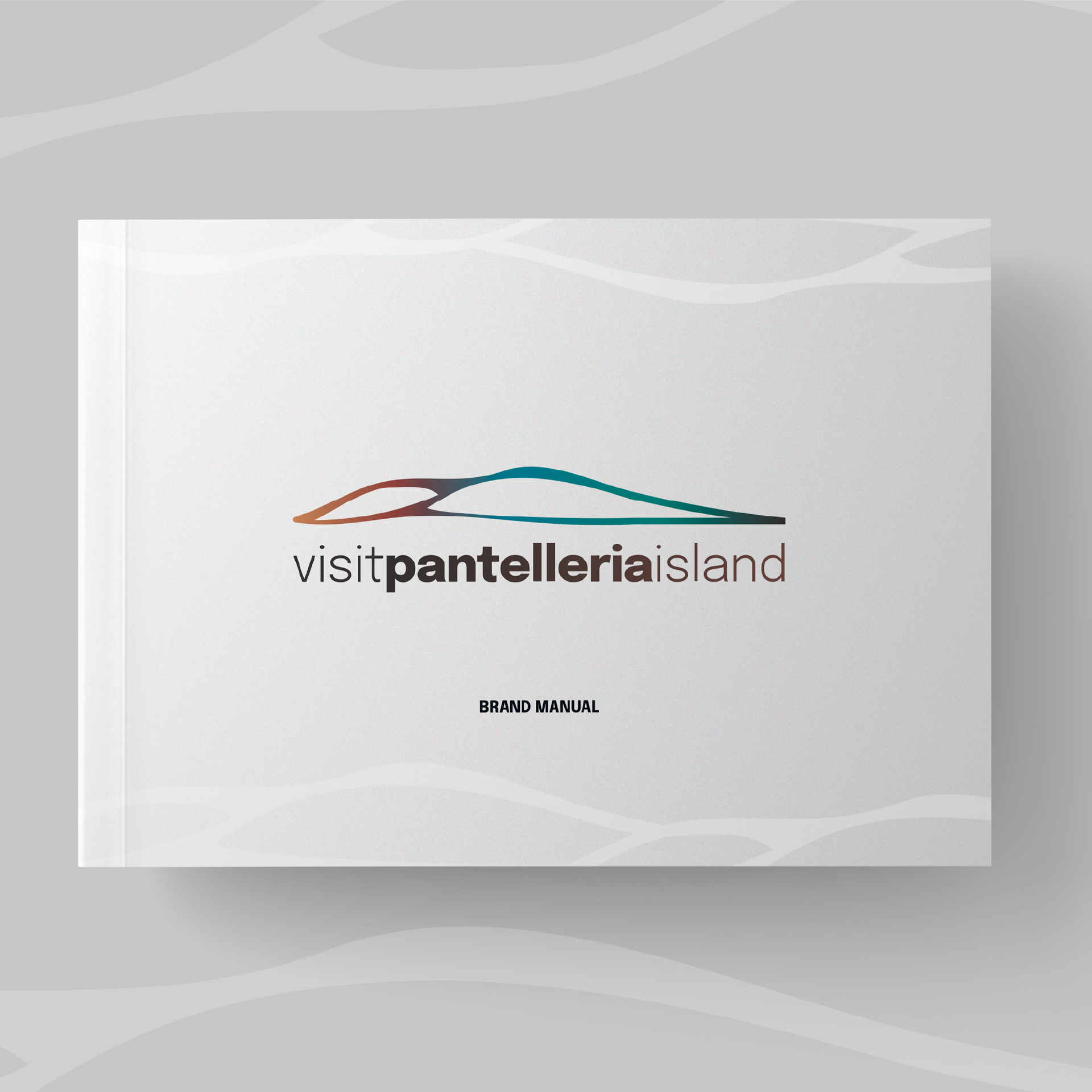 “Copertina del Brand Manual Visit Pantelleria Island, con il logo stilizzato dell’isola e linee morbide ispirate al paesaggio. Design pulito su sfondo grigio chiaro.”