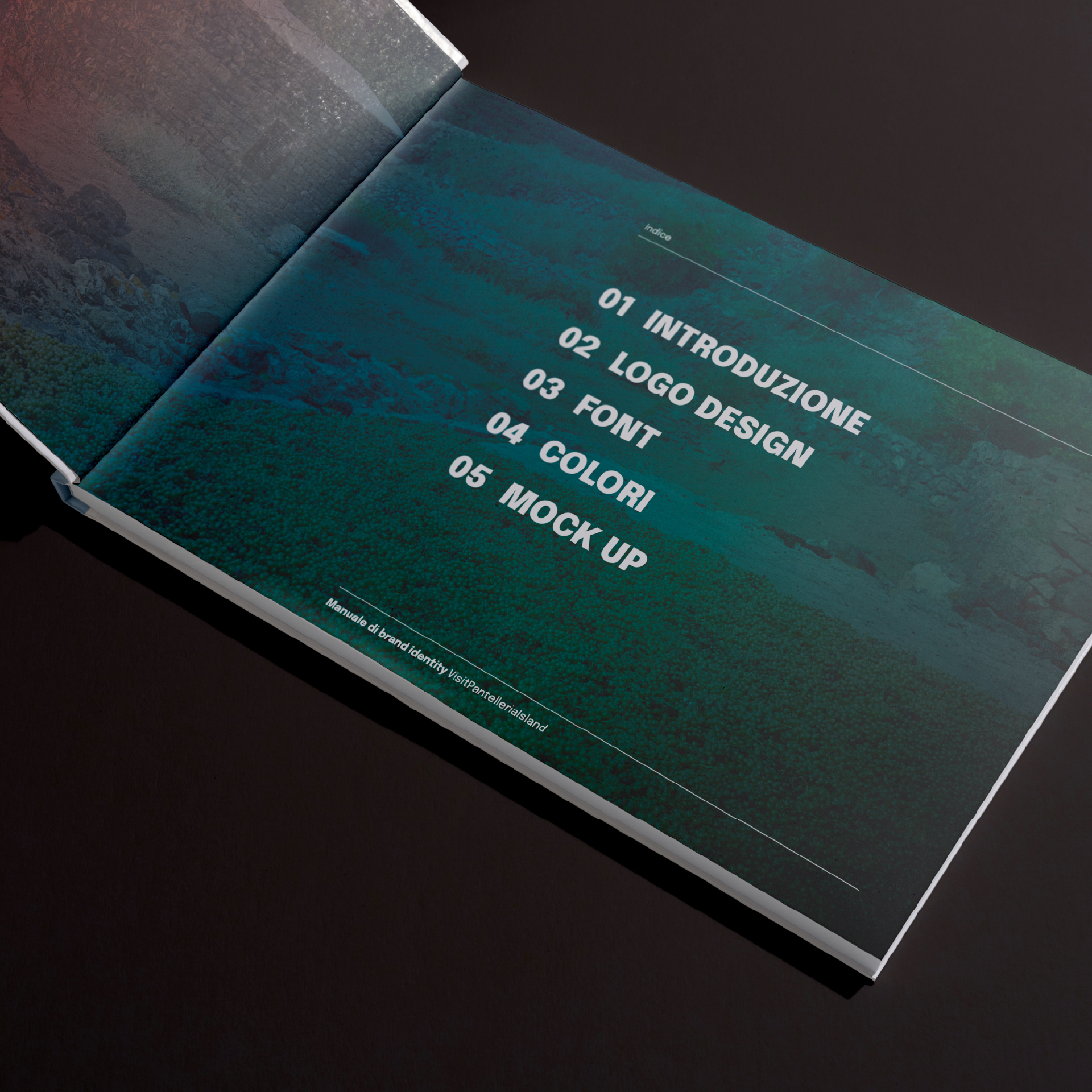“Pagina interna del Brand Manual Visit Pantelleria Island aperta sull’indice dei contenuti: introduzione, logo design, font, colori e mockup.”