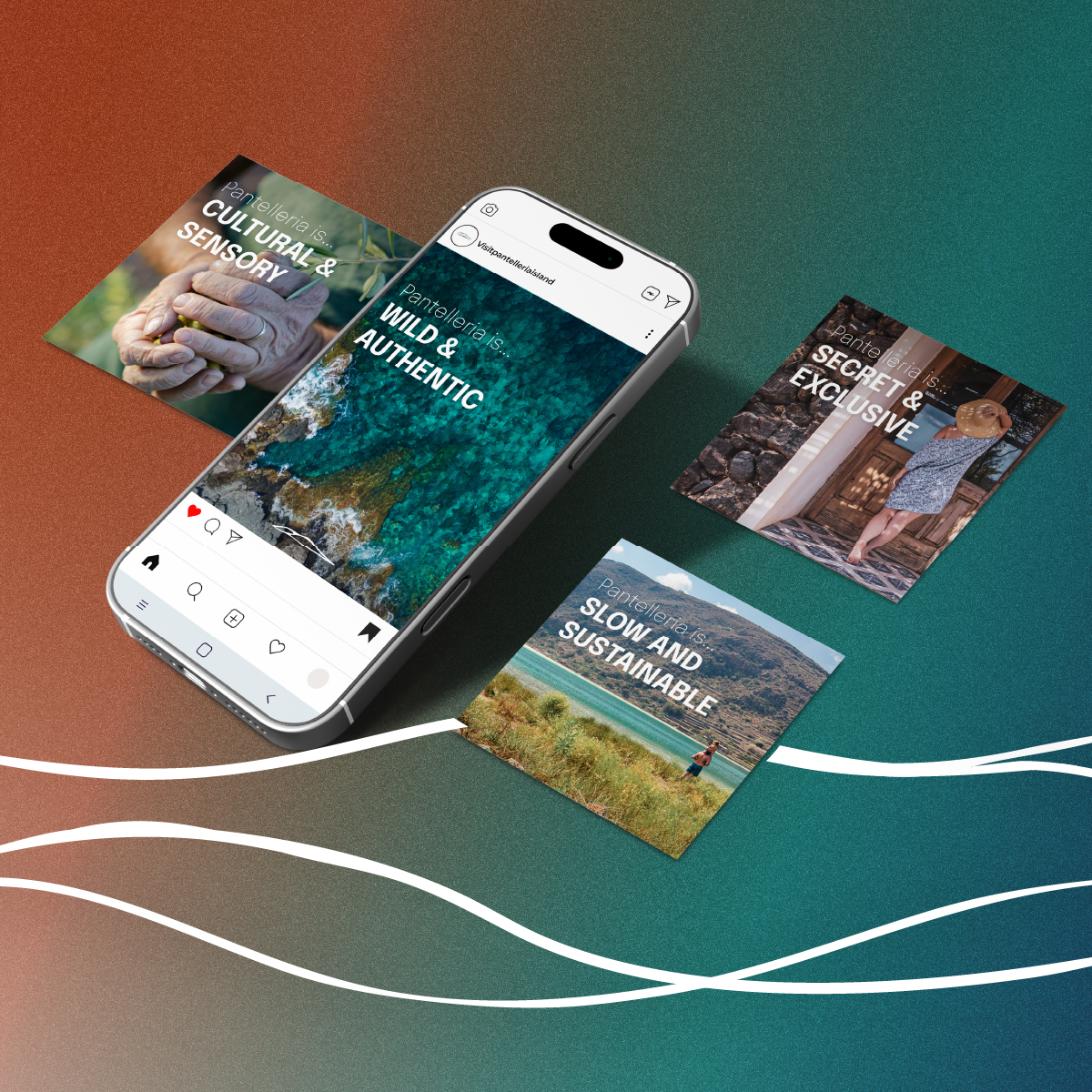 Mockup di post Instagram dedicati all’identità di Pantelleria: ‘Cultural & Sensory’, ‘Wild & Authentic’, ‘Secret & Exclusive’, ‘Slow and Sustainable’. Al centro uno smartphone con il profilo Visit Pantelleria Island aperto.”
