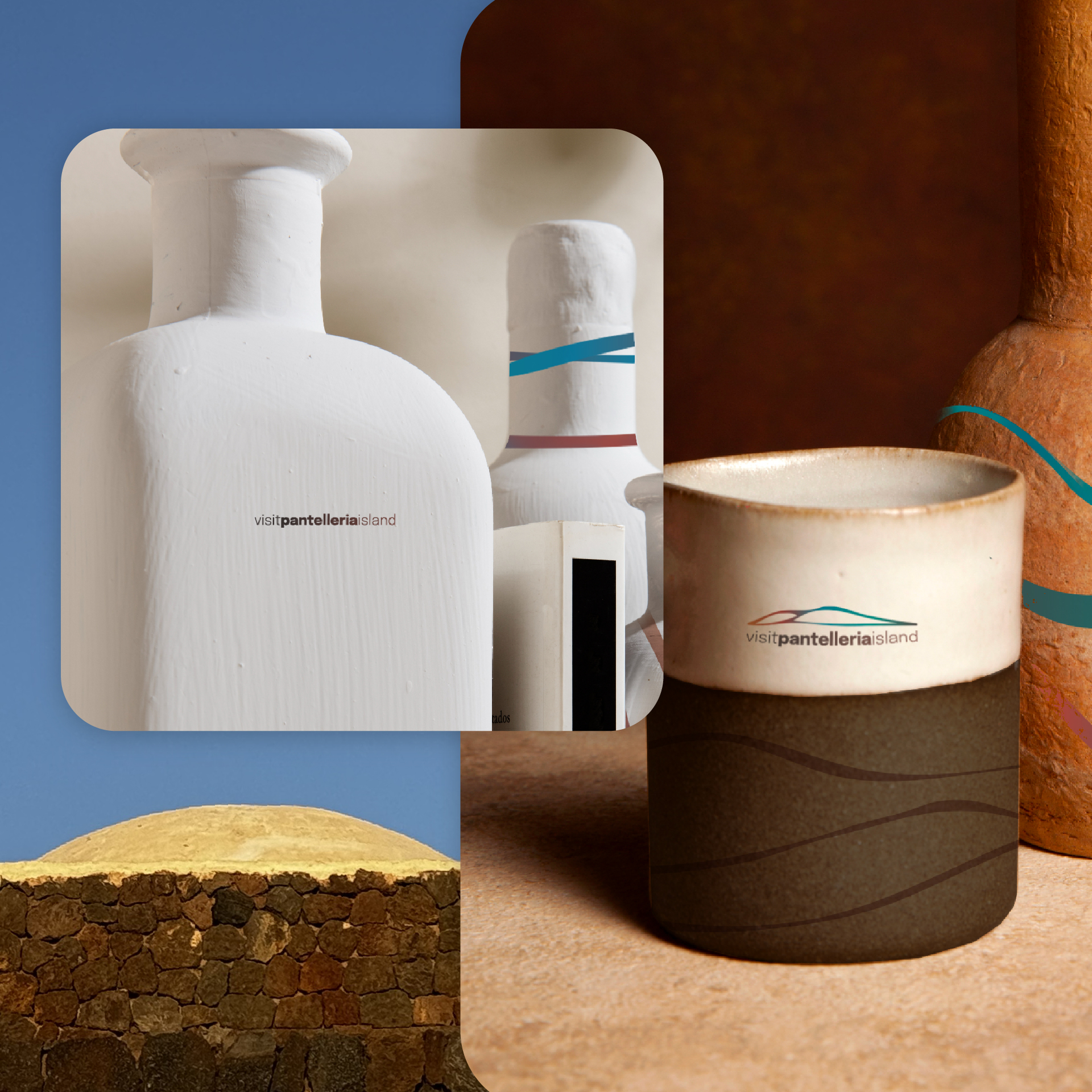 “Mockup di prodotti artigianali con logo Visit Pantelleria Island: bottiglie e tazze in ceramica nei colori del brand, ispirati ai materiali e alle texture dell’isola.”