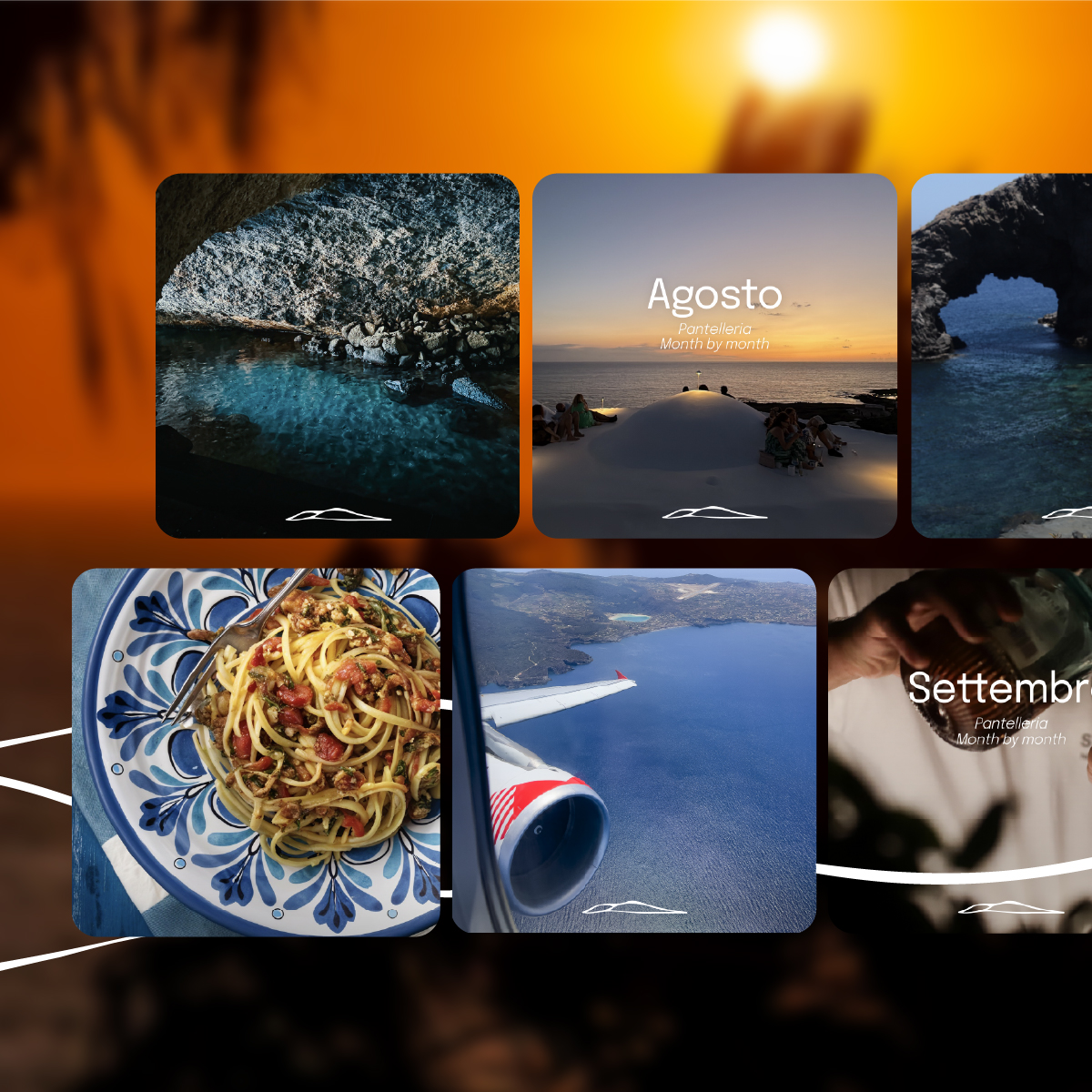“Collage di post Instagram con immagini di Pantelleria: grotte marine, tramonto su dammusi, archi naturali, piatto di pasta tipico, veduta aerea dall’aereo e foto di settembre. Ogni immagine include il logo dell’isola.”