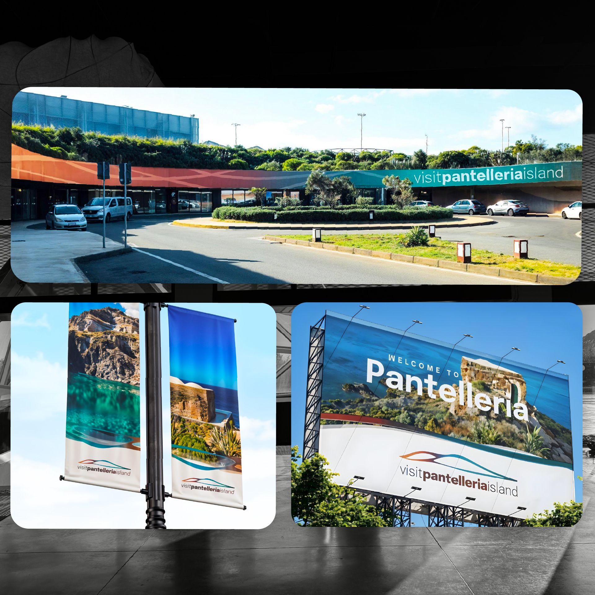 “Applicazioni outdoor del brand Visit Pantelleria Island: insegna all’aeroporto, banner promozionali e maxi affissione con il messaggio di benvenuto ‘Welcome to Pantelleria’.”