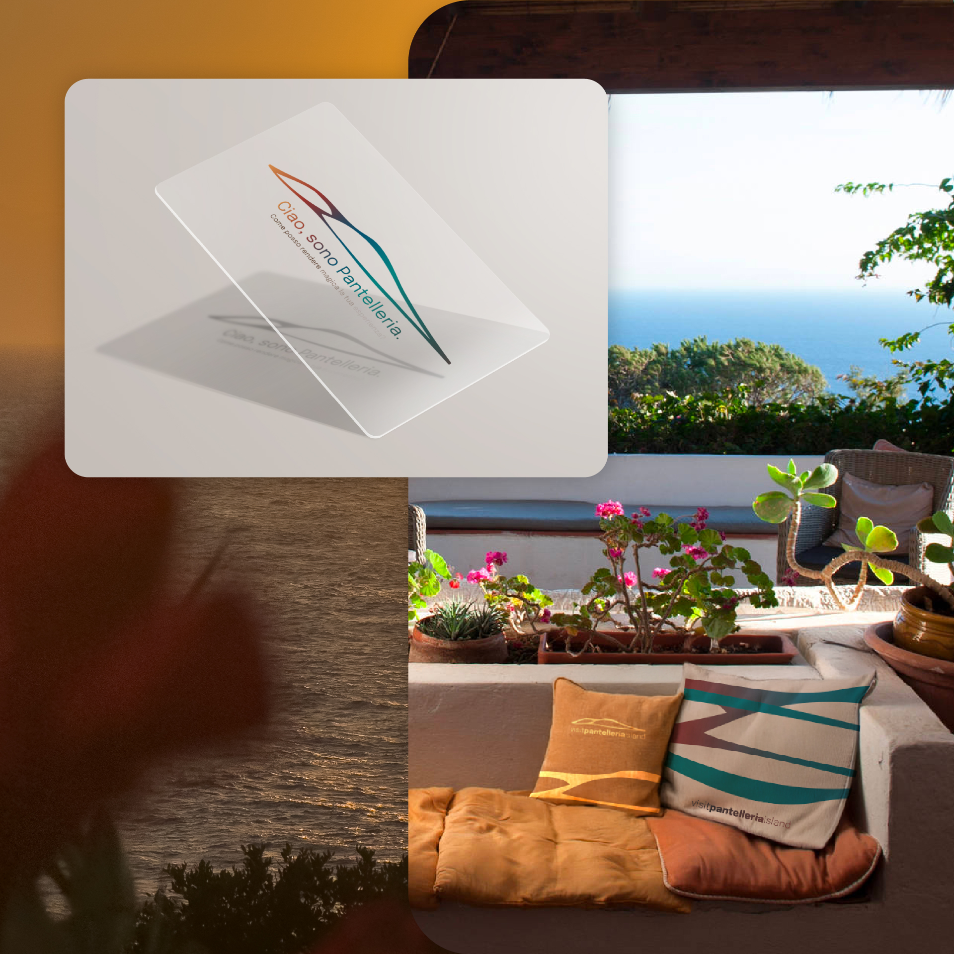 “Concept di merchandising e ospitalità per Visit Pantelleria Island: card promozionale e cuscini brandizzati ambientati in una terrazza con vista mare al tramonto.”